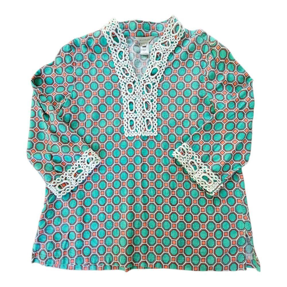 Multiples Teal Linen Blend Geometric Tunic Blouse Embroidered Size M Coastal